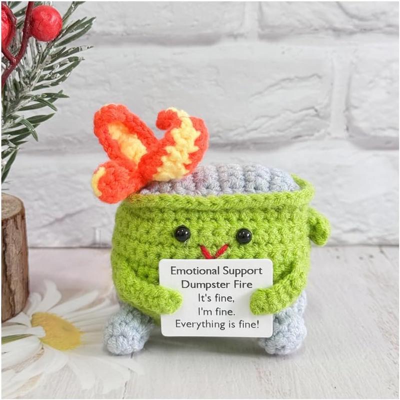 Emotional Support Crochet Dumpster Fire with Positive Card Cute Room Decor Knitted Toys Funny Crochet Support Buddies Gifts for Friends (Light Green)