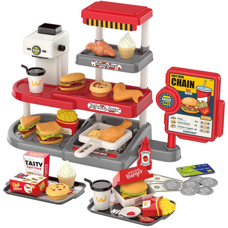 Cash Register Toy for Children, Toy Kitchen Pretend Play Store with Play Money, Sound and Credit Card,  Kitchen Play Set, Fun Toy for Ages 4+