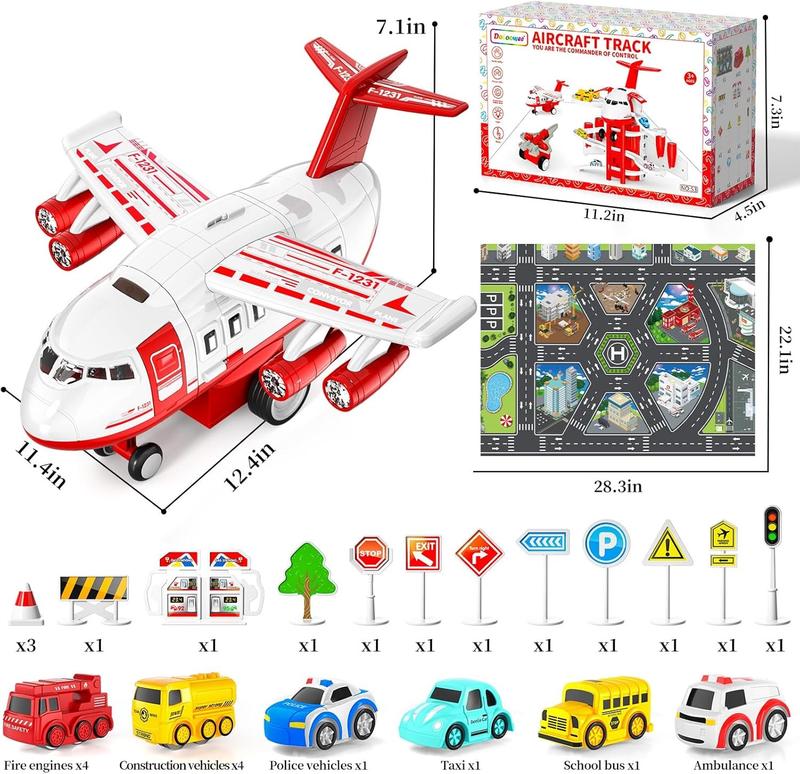 Red Transport Cargo Airplane Toys, Airplane Car Toy Play Set includes Track, 12mini Play Vehicles, with Music and Light, Christmas gifts, birthday gifts