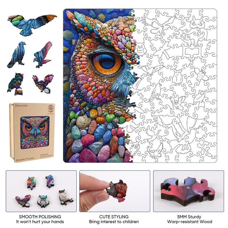 Wooden Puzzles,  Mys Aurora  Stone Owl Wooden Jigsaw Puzzles 80 200 300 500 Pieces, Unique Shaped Wooden Puzzle for Adults and Kids, Christmas Gift Family Game 9.2 x 11.2 Inch