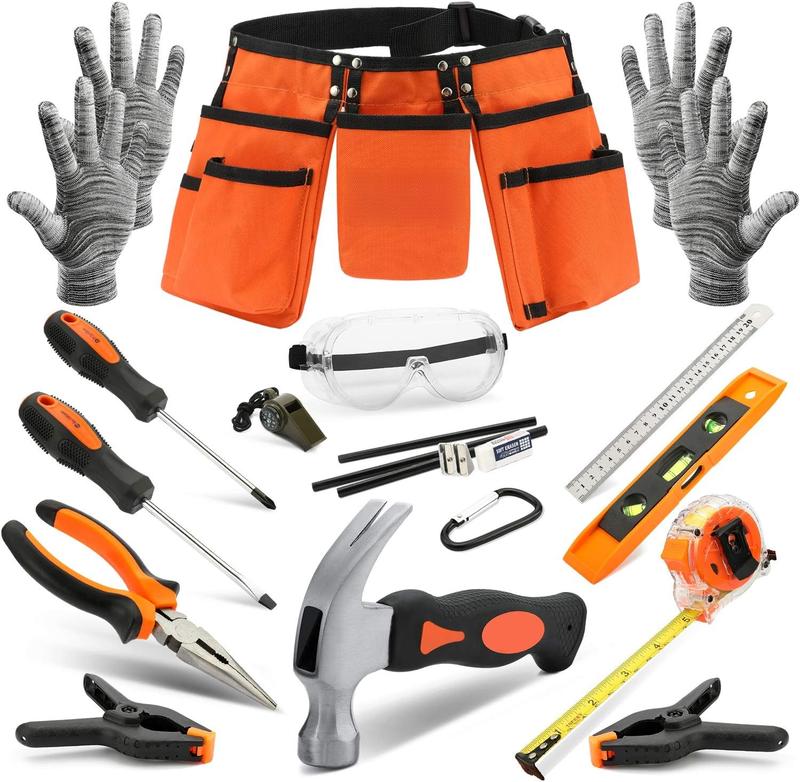18 count Kid Hand Tool Set, Boy Builder's Tool Set with Real Hand Tools, Kids Tool Belt Waist 20