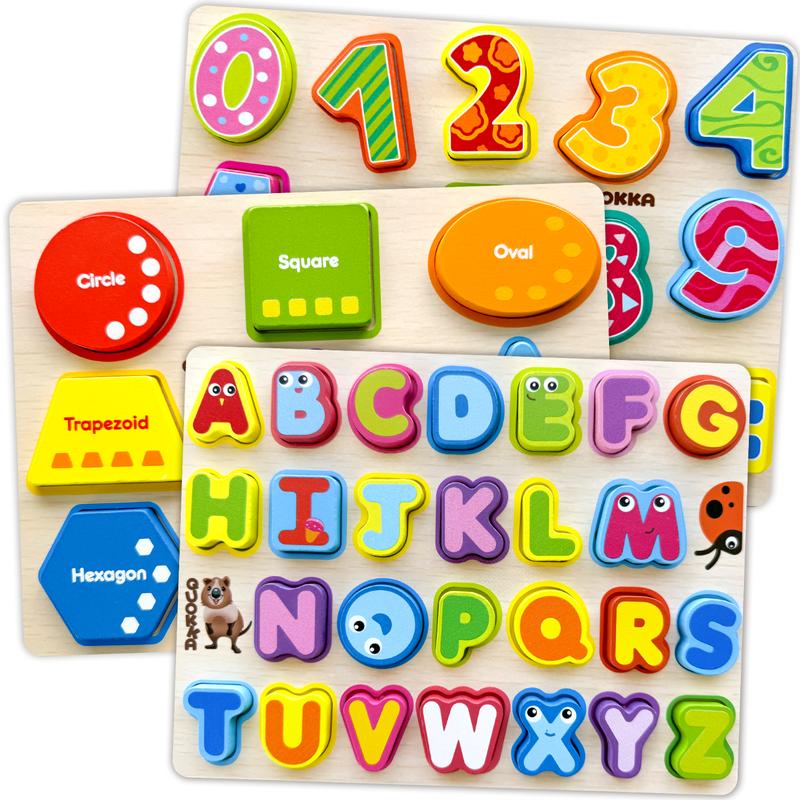 QUOKKA 3 Set Chunky Wooden Puzzles for Toddlers | Alphabet, Numbers & Geometric Forms