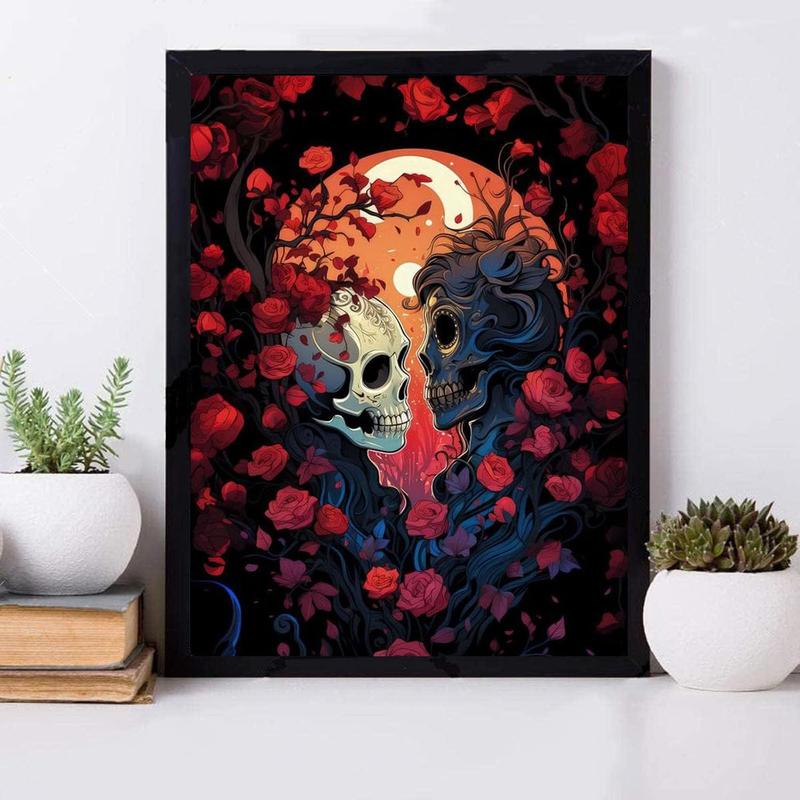 Paint by Number Kit for Adults Beginners Easy Gothic Acrylic Skull and Flowers Paint by Numbers Kit, DIY Watercolor Skeleton Paint by Numbers Kits on Canvas for Home Wall Decor 12x16 inch