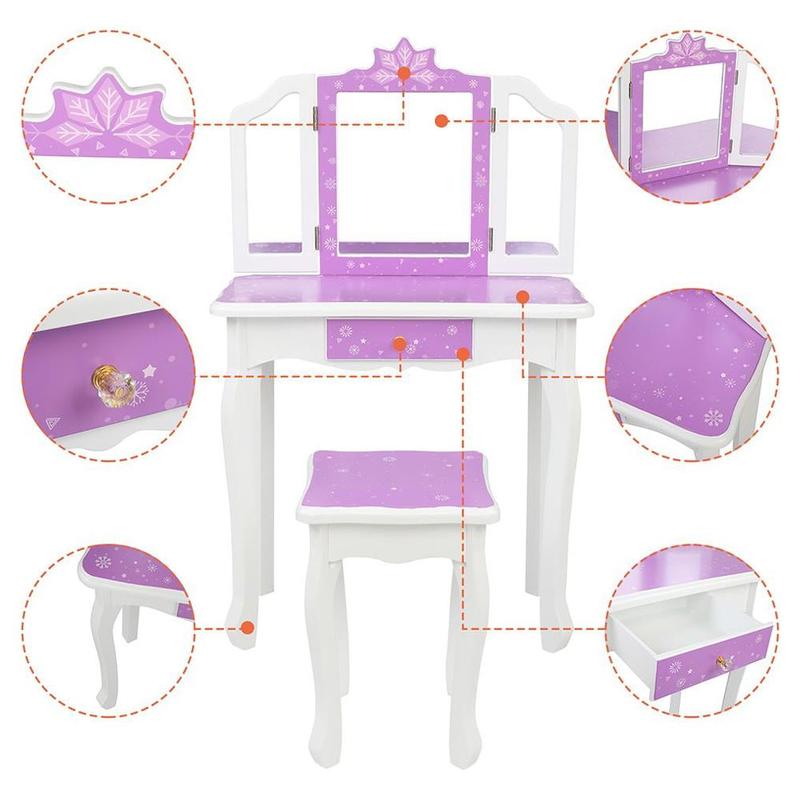 Kid's Vanity  Wooden Makeup Desk W  Mirror,Stool,Drawer Purple