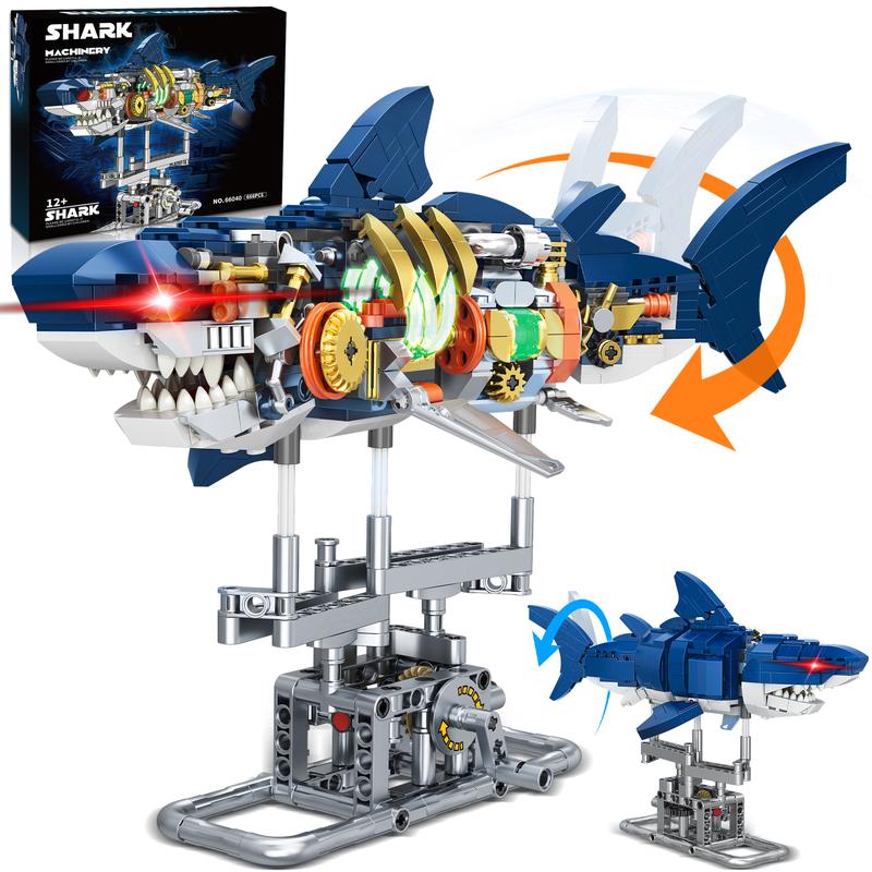66040,666 Pieces,Shark  Building Block Set,Marine animal toy mechanical shark, with lighting and rotatable link components,Collecting Building crossing the ocean enthusiast toys,Birthday Gift,For aged 12 and above,Stress relief toy