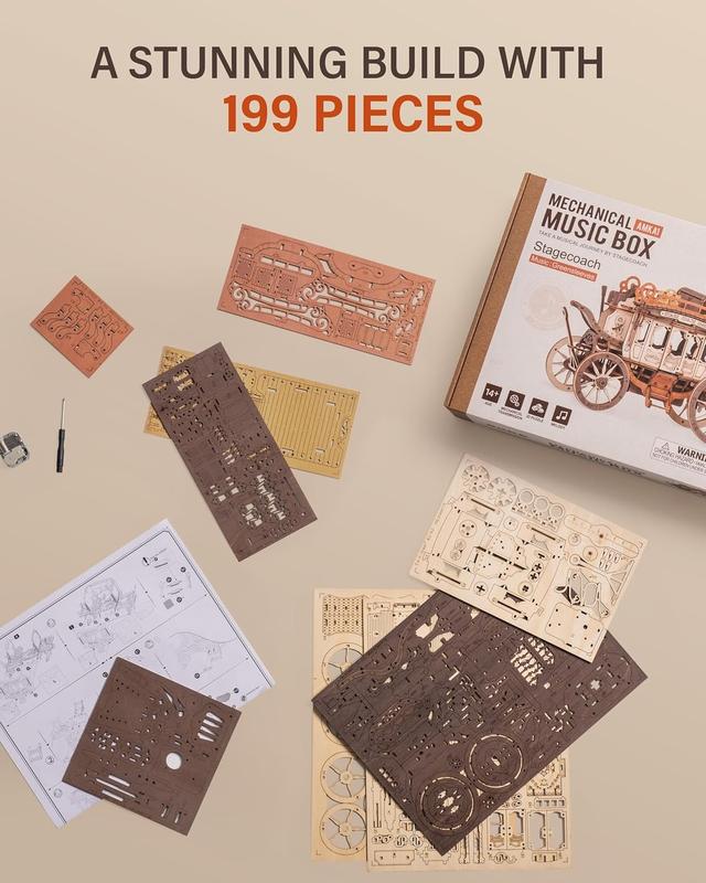 Robotime Rokr Stagecoach Music Box 3D Wooden Puzzle for Birthday Anniversary  Gift Hobby STEM Kits Model Easy to Build Birthday Gifts Christmas Gifts Halloween Gifts