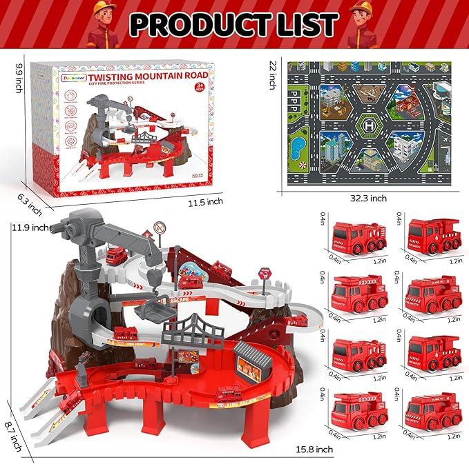 New Fire Truck Toy Set with Race Track Car and Construction Vehicles - Adventure Toys and Games Vehicle Playsets for Kids - Christmas Gift Set