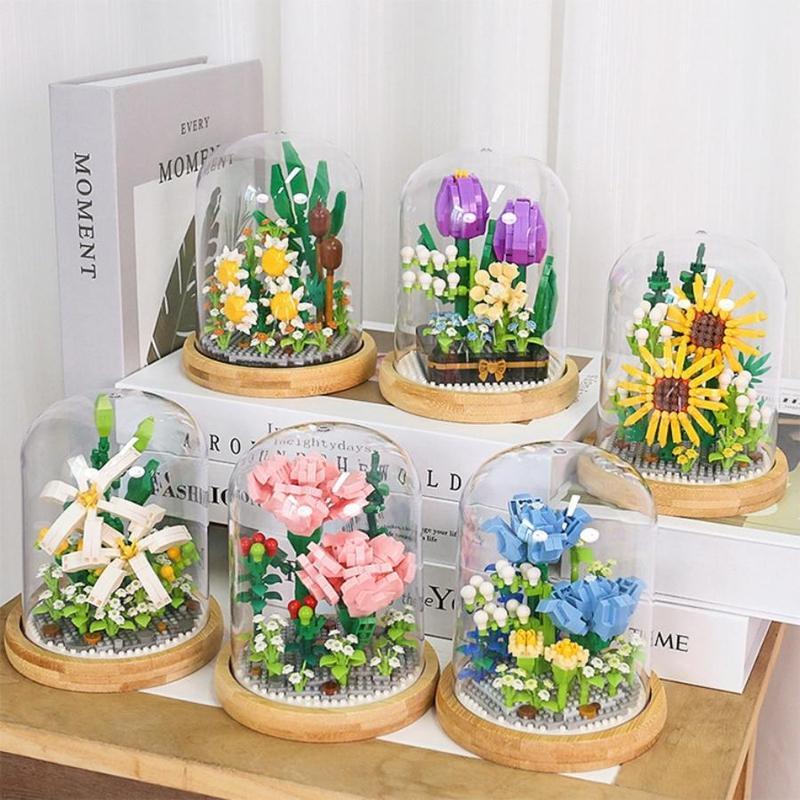DIY Mini Building Block Flower Bouquets with Transparent Display Cover, 1 Box Indoor Decoration, Building Bricks Bouquet Flowers Gift, Creative Desktop Ornament