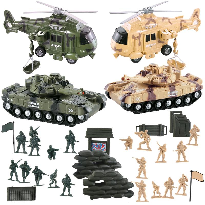 Vokodo 5 Pack Armed Forces Vehicle Bundle Toy Playsets, Friction Power Vehicles Includes Army Helicopter, Military Tank And Army Figurines Military Car, Army Truck Pretend Play Toys Toddler Kids Boys