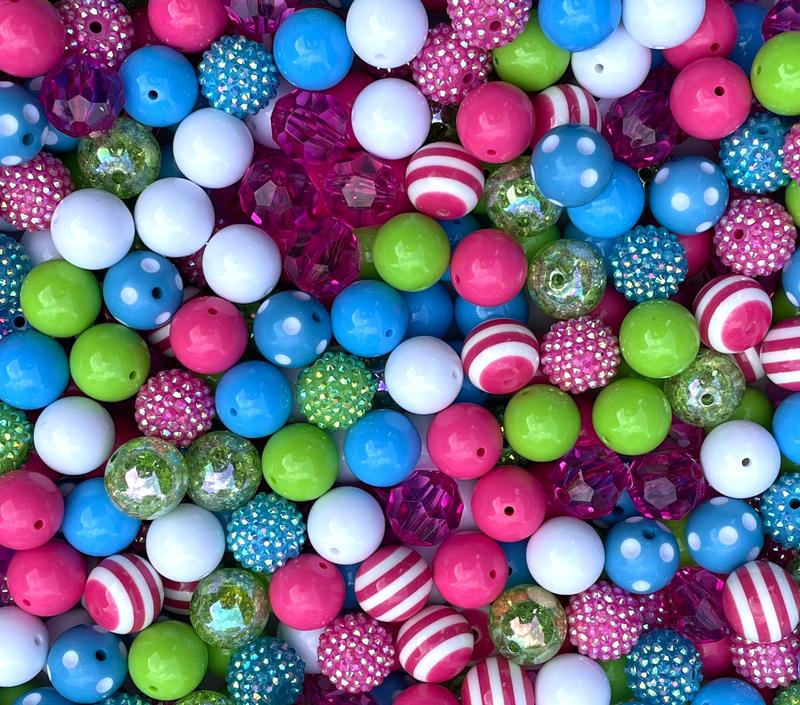 Powder Puff Mix - 20mm Bubble Gum Bead Mixes, Hot Pink, Green and Blue Chunky Bead Mixes