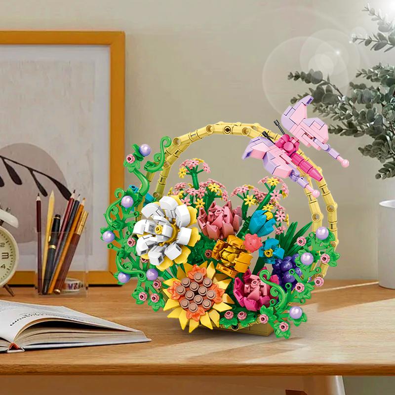 Flower Basket Building Block Set - Creative Children's Toy for Family Interaction, STEM Education, Includes Multiple Flower Elements and Building Guide（641pcs）