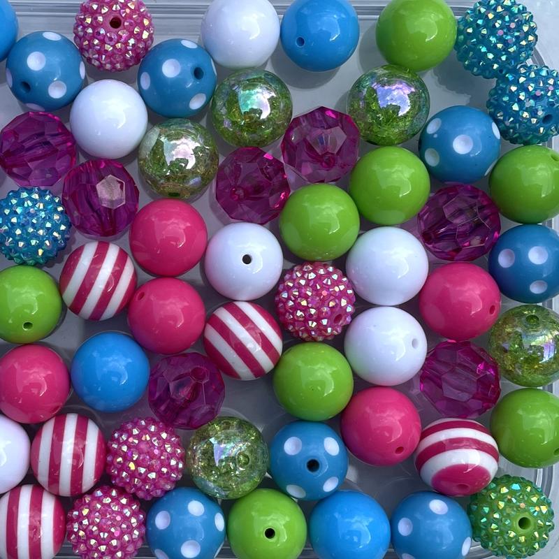 Powder Puff Mix - 20mm Bubble Gum Bead Mixes, Hot Pink, Green and Blue Chunky Bead Mixes