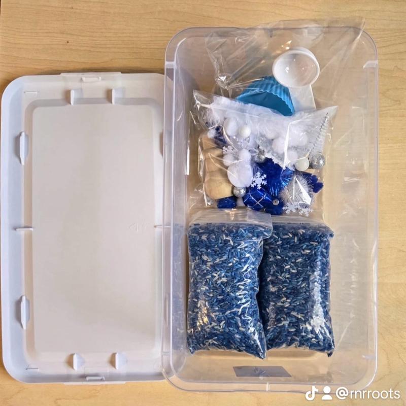 Winter Wonderland sensory rice, Blue and white complete bin