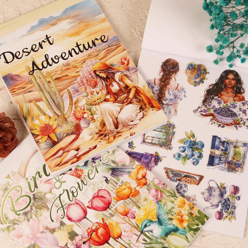 Adventure Themed Sticker Book, 20 Sheets Large Size Self-adhesive Die Cut Waterproof Sticker Book for Watercolor Art, Scrapbook Supplies
