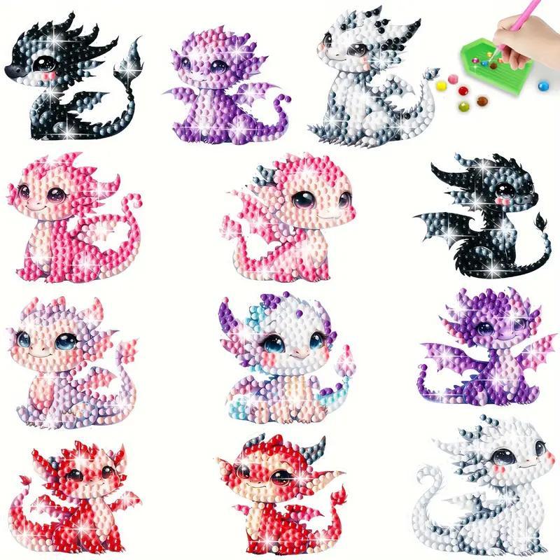 Cartoon Animal Pattern DIY Diamond Arts Colorful Painting Sticker Kit, 12pcs set DIY Diamond Stickers, DIY Cartoon Stickers Making Craft