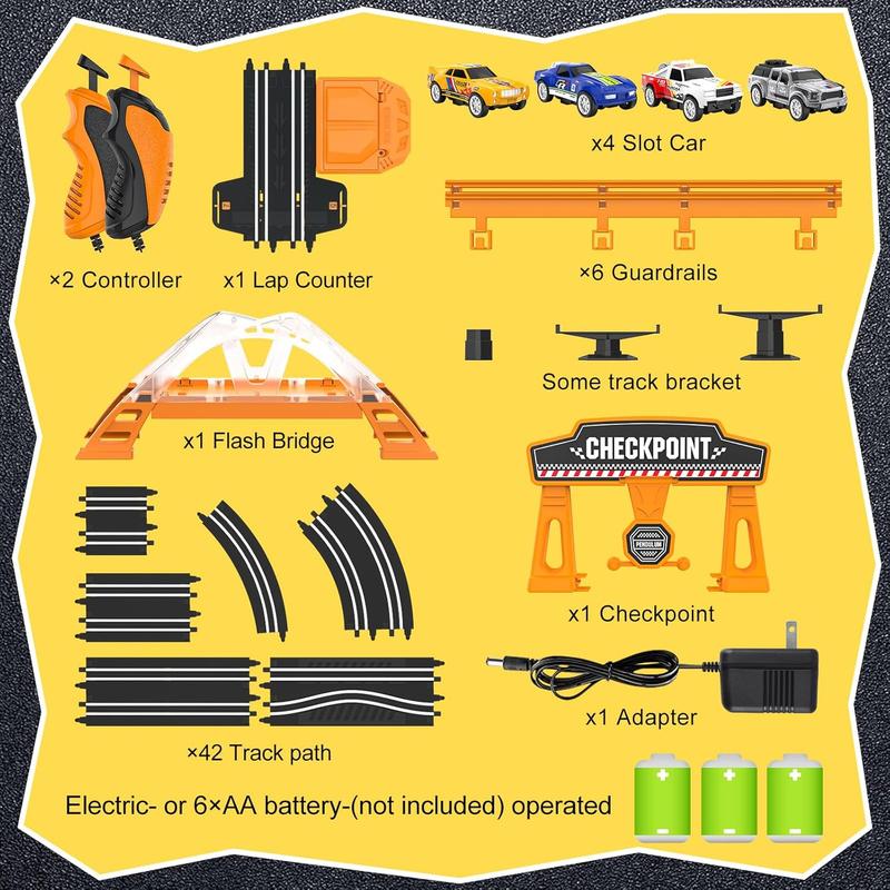 Slot Car Race Track Sets with 4 Slot Cars, Electric Race Car Track Include Slope Circular Overpass Track, Dual Racing Game Featuring Flash Bridge and Pendulum, Gifts Toys for Boys Kids Age 6 7 8-12 Electric Dual Racing Slot Car Set toy  tracks