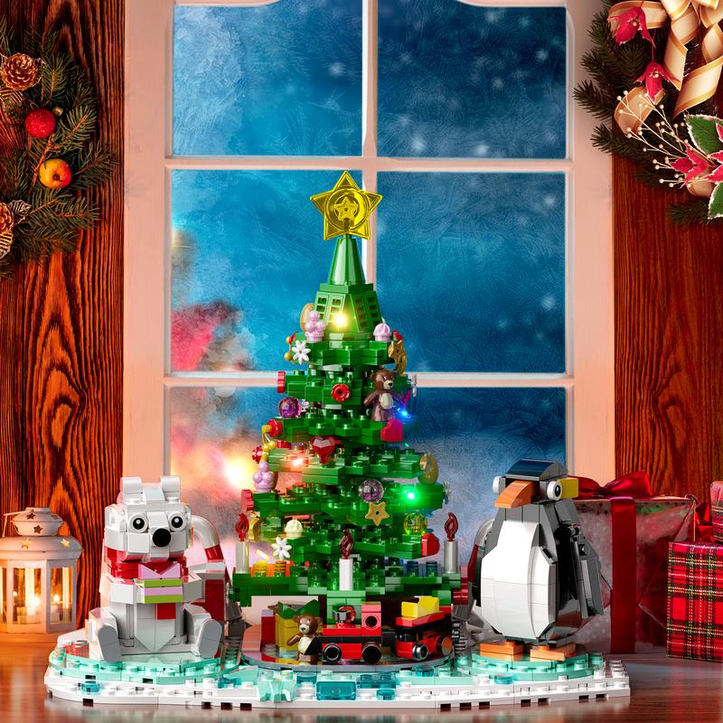 2024 Newest Christmas Tree Building Blocks Set with Penguin, Polar Bear and Little Train, LED Lighting Included, Perfect Halloween Toys and Gifts for Fans and Kids (802 pcs)
