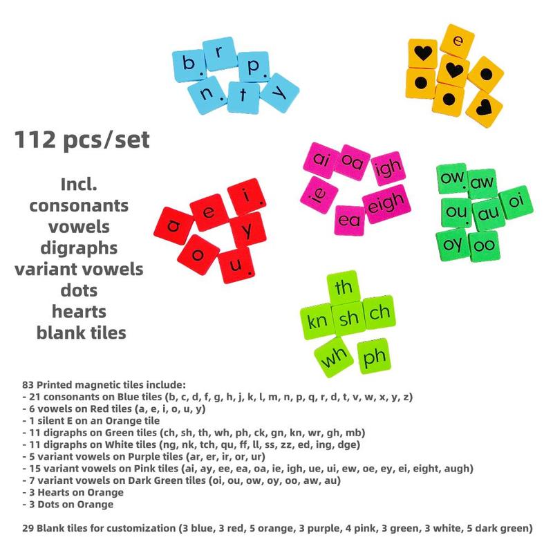 Magnetic Phonics Tiles, 112pcs set Colorful Phonics Word Building Magnetic Tiles Set for Desk Whiteboard, School & Educational Supplies