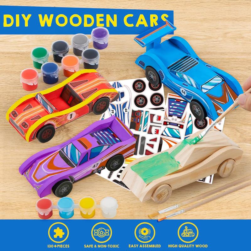 Kits 4 DIY Wooden Race Cars-Build & Paint Your Own Wood Craft Kit, 4 Race Cars Toy, Easy to Assemble Arts Crafts Kit