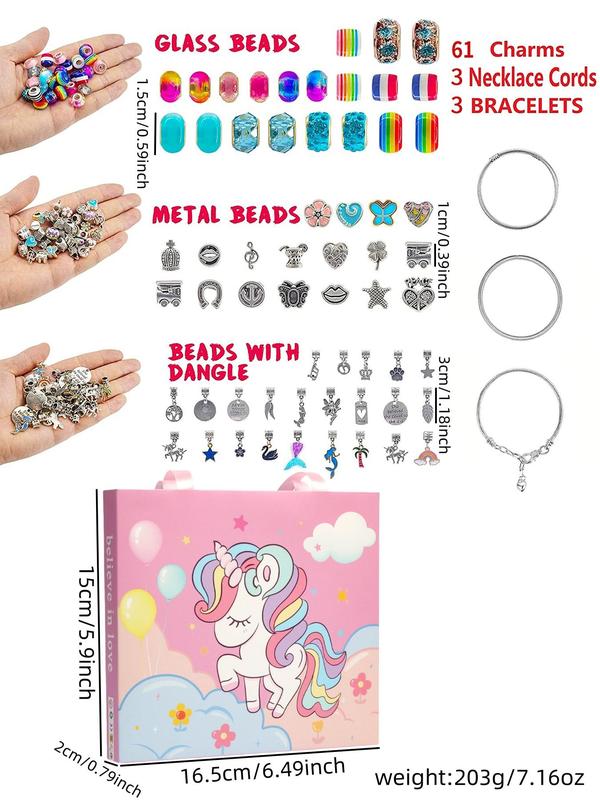 Cute Cartoon Unicorn Design Jewelry Making Kit, Including Beads, Charms, Elastic Thread, Jewelry Box, Fashion Accessories for Girls