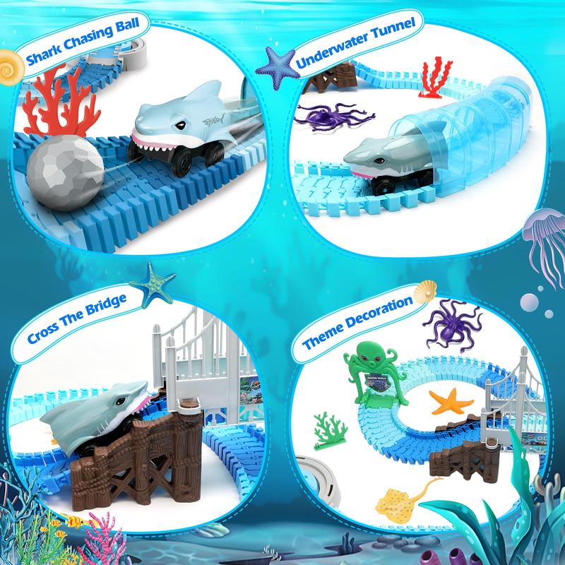 VATOS Track Toys 183 Pcs Shark Race Car Toys for Boys Girls 3 4 5 6 7 9 Year, Bendable Flexible Racetrack Cars with Shark & Ball, Ocean Theme Train Toys, STEM Educational Playset Birthday Gift
