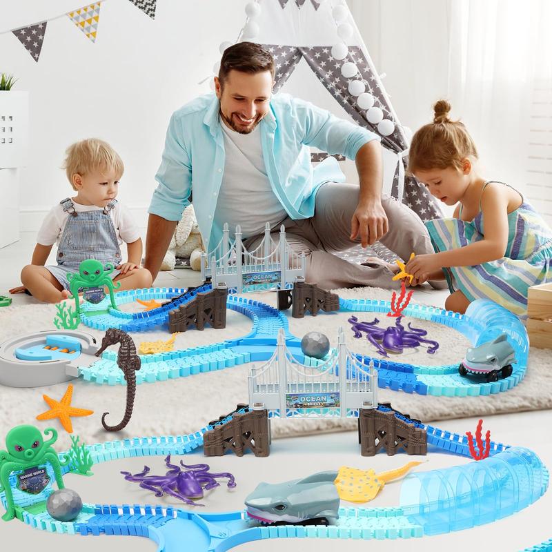 VATOS Track Toys 183 Pcs Shark Race Car Toys for Boys Girls 3 4 5 6 7 9 Year, Bendable Flexible Racetrack Cars with Shark & Ball, Ocean Theme Train Toys, STEM Educational Playset Birthday Gift