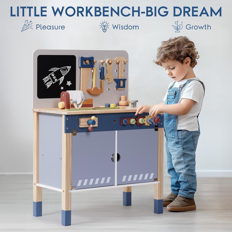 ROBUD Wooden Workbench Toddler Toy, Christmas Gift for Girl & Boy Wooden Play Tool, Pretend Play Creative Building Set, Construction Workshop Toys boys