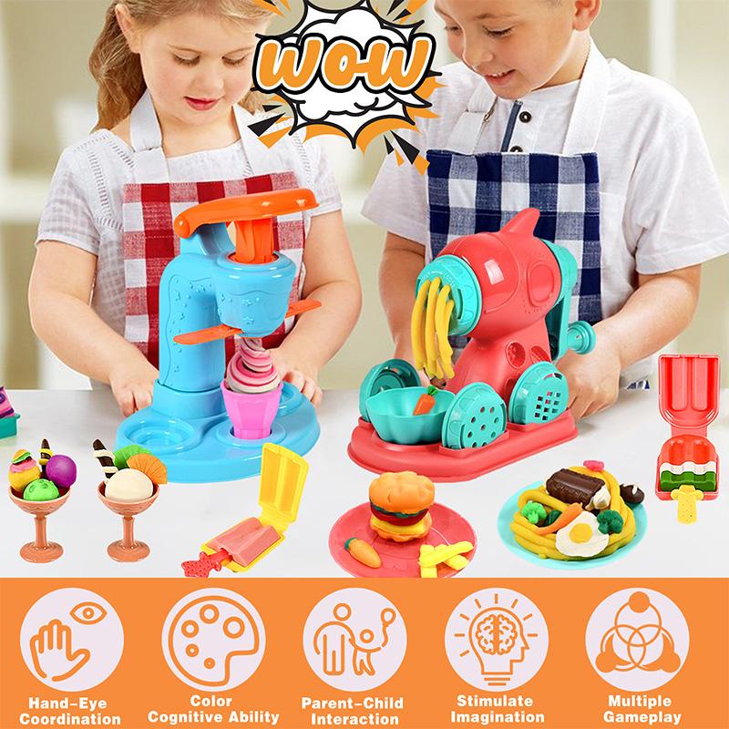 Crelloci 3 in 1 Deluxe Dough Kitchen Creations Set, Ice Cream Noodle Hamburger Maker Machine, Dough Tools Kit for Kids Ages 3+ 3-in-1 Color air dry Play Doh