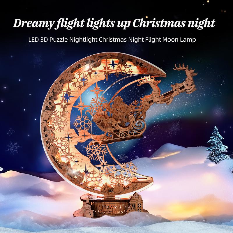 FUNPOLA LED 3D Puzzle Christmas Night Flight - Moon Lamp, Eco-Friendly Craftsmanship, Perfect Holiday Gift DIY Wooden Puzzle Set Christmas Decorations or Gift Santa Sleigh Design Family Fun