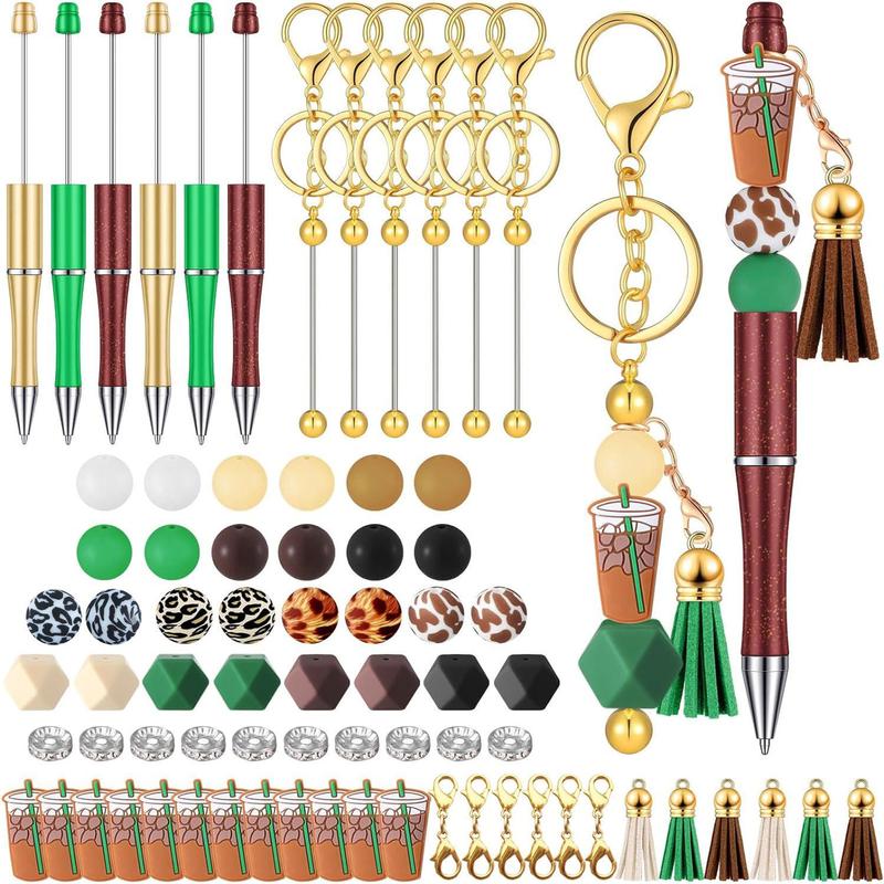 DIY Beading & Jewelry Making Kit, 2 Keychain & 4 Beading Pen & 14 Silicone Bead & 6 Milk Tea Pattern Accessories &12 Spacer & 6 Tassel & 6 Lobster Clasp, Jewelry Making Supplies