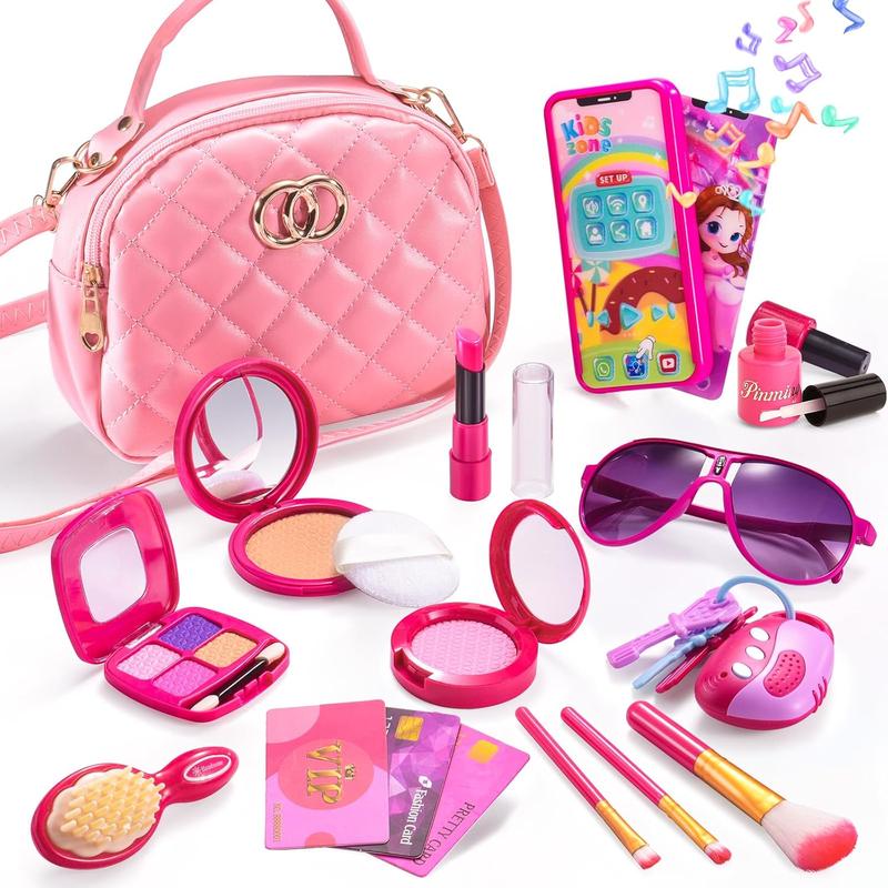 Little Girl Purse with Pretend Makeup Kit, Toddler Purses with Accessories, Kids Play Make up Toy with Handbags, Pink Princess Kit Gifts Toddler Girls