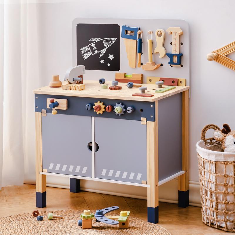 ROBUD Wooden Workbench Toddler Toy, Christmas Gift for Girl & Boy Wooden Play Tool, Pretend Play Creative Building Set, Construction Workshop Toys boys