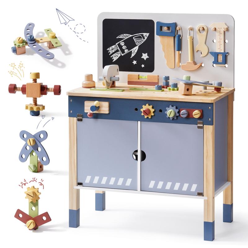 ROBUD Wooden Workbench Toddler Toy, Christmas Gift for Girl & Boy Wooden Play Tool, Pretend Play Creative Building Set, Construction Workshop Toys boys