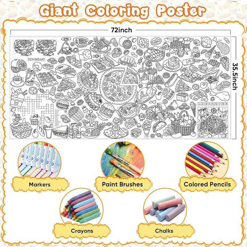 DDMY Giant Coloring Poster, 72 x 35.5 Inch Food Theme Coloring Table Cloth for Kids, Kids Art Craft Drawing Paper DIY Pizza, Turkey, Coloring Tablecloth Coloring Sheets for Classroom Kids Party Decor