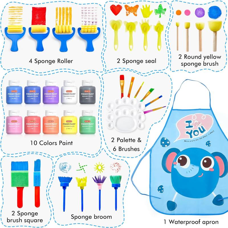 Shuttle Art Washable Finger Paints Set with 10 Colours (60ml) - Non Toxic Educational Painting Set with Brushes, Sponges, and Paint Pad