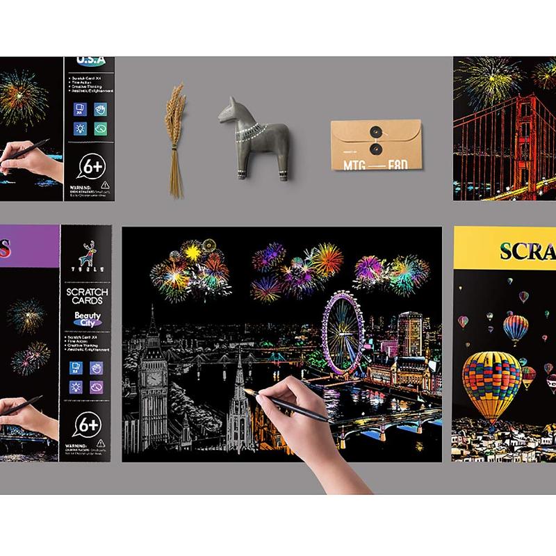 Scratch & Sketch Art for Kids & Adults, Rainbow Painting Night View Scratchboard(A4), Art & Craft, 4 Sheets Scratch Cards & Drawing Pen, Clean Brush