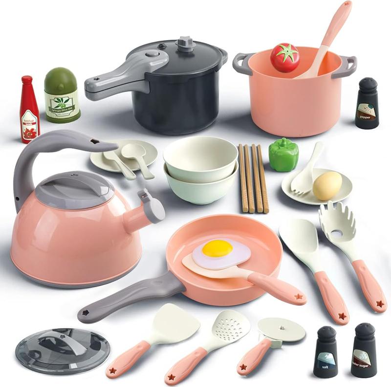 Chrismas 32Pcs Kids Play Kitchen Toys Set, Toddlers Pretend Cooking Playset Acccessories with Pots Pans, Utensils Cookware, Foods, Canned Veges, Learning Gift for Kids Girls Boys (Pink)