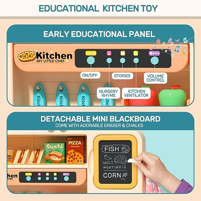 CUTE STONE 93PCS  Kitchen Playset,Play Kitchen Toy with Realistic Lights & Sounds,Pretend Steam,Play Sink & Oven,Color Changing Play Food,Menu Board