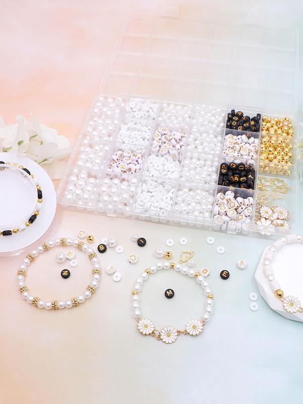 Mixed Design Beaded Kit, Faux Pearl & Letter Design Beads & Daisy Charm & Elastic String, DIY Jewelry Making Supplies for Bracelet Necklace Earrings, Fashion Accessories for Women & Girls