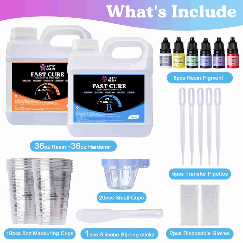 72OZ Fast Cure Epoxy Resin, Demold in 4 Hours, Upgrade Quick Drying & Crystal Clear Resin, Bubble Free Epoxy Resin for Craft,Art, Resin Supplies with Resin Dye, Resin Cup,Stir Stick - LET'S RESIN