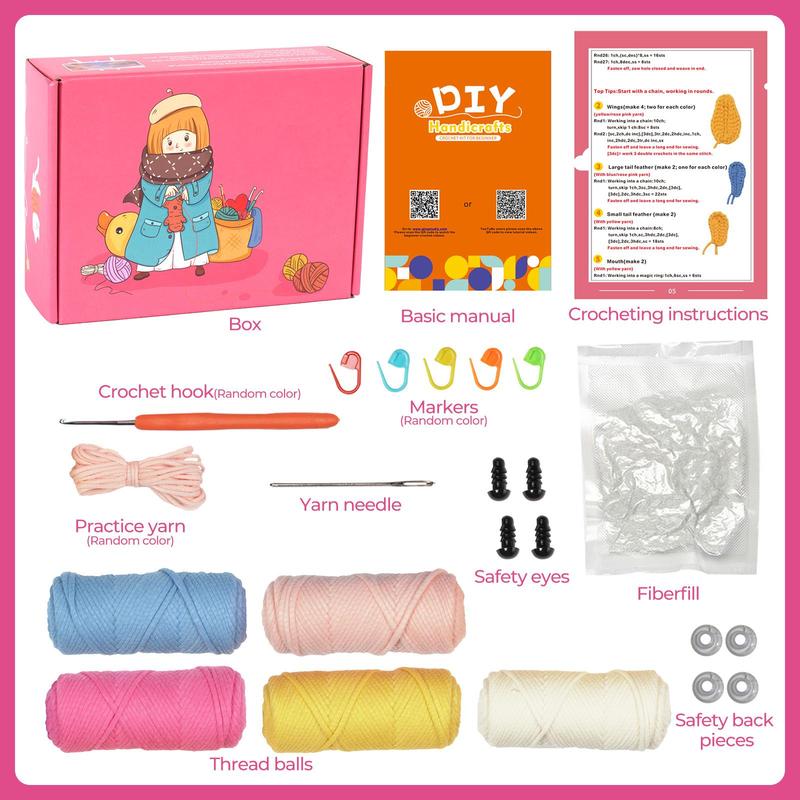 Cute Bird Design Crochet Kit, 1 Box DIY Crochet Kit with Step-by-step English Video Tutorials, DIY Handmade Lover Starter Kit