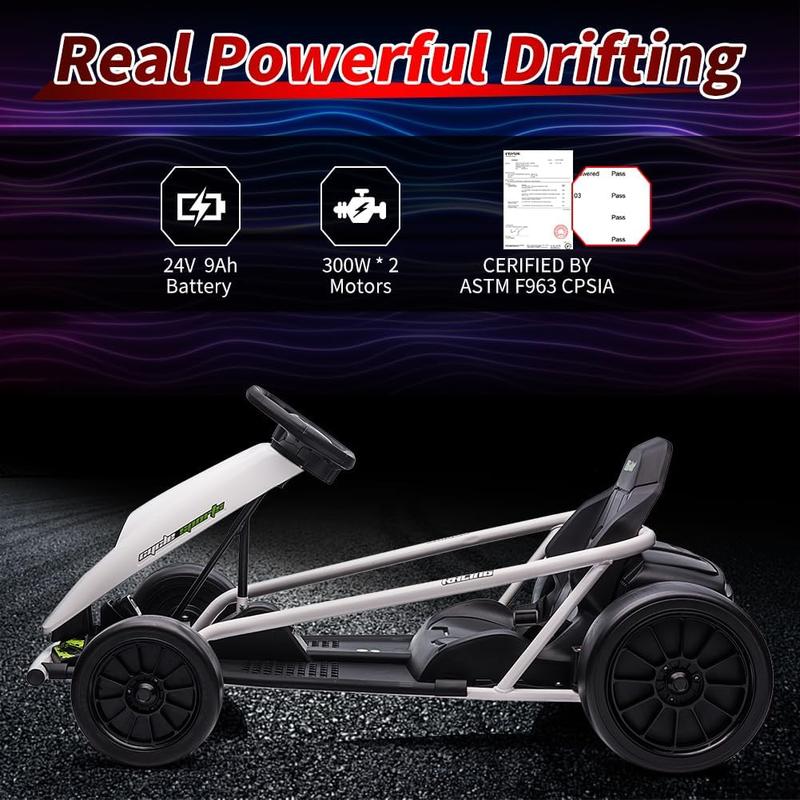 24V Go Kart for Ages 8-12, 300W Dual Motors, 9Ah Battery, 8MPH Drifting, Music, Horn, Max Load 175-180lbs, Outdoor Ride On Toy (White, Red, Rose)