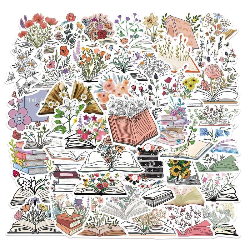 50pcs Book & Flower Pattern Decorative Sticker For Creative DIY, Scrapbooking & Journal Making Material Paper, PVC Waterproof DIY Decorative Sticker For Stationery Computer Water Bottle
