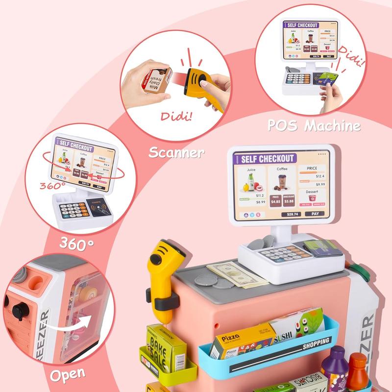 Talgic-Pretend Play Cash Register Toy Set - Calculator, Shopping Bag, Scanners, Credit Cards, Coffee Machine, Play Food - Gift for Boys and Girls Ages 3+