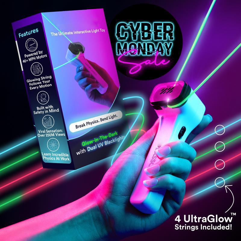 Original Glow-In-The-Dark String Shooter Toy w  Dual Built-in UV Blacklights - Safe Fun Adult & Kids Rope Launcher Gift - Viral Fidget Toy Gadget - Music Festival Rave Dance Accessory