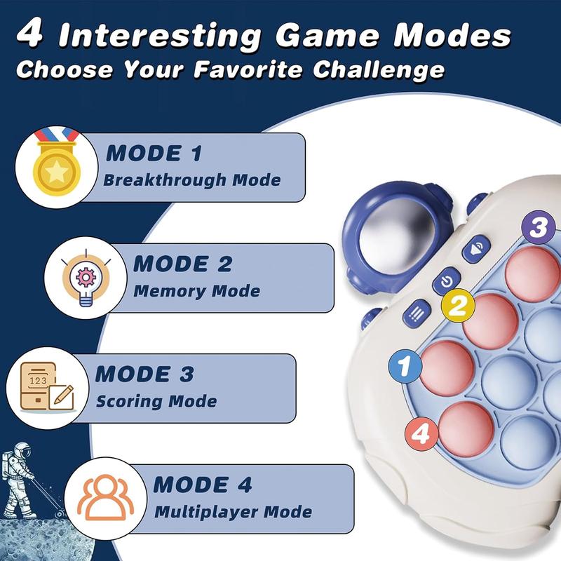 Quick Push Bubble Game Machine, Pop Game Puzzle Educational Console, Light Up Handheld Squeeze ADHD Stress Relief Fidget Toys for 3+ Boys Girls Kids Adults Birthday Christmas 4 Modes, Astronaut
