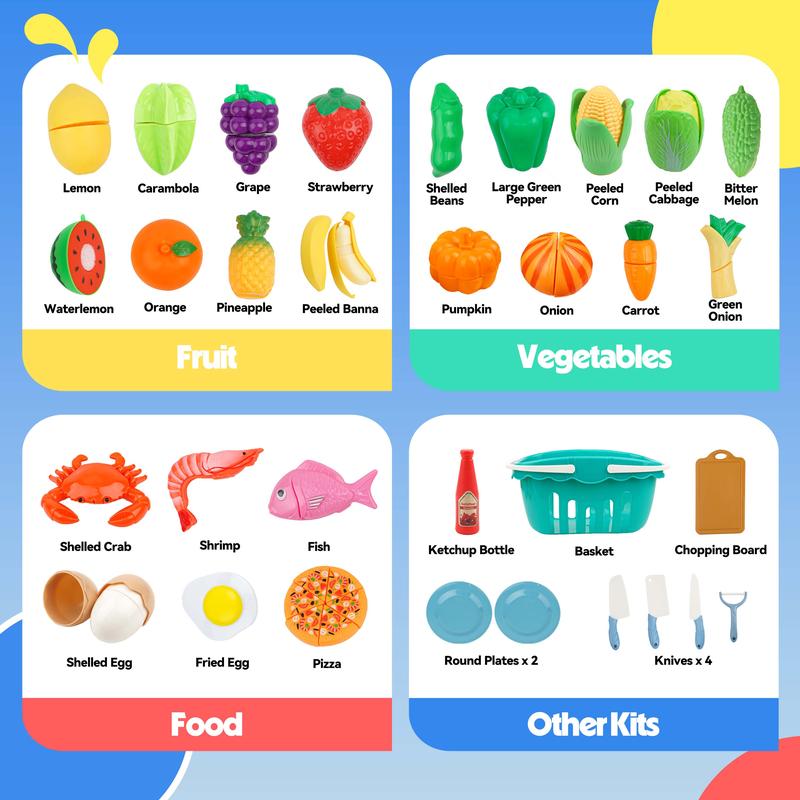 BELLOCHIDDO Play Food - 70PCS Pretend Plastic Fruits & Vegetables & Kitchen Accessories with Basket, Cutting Food Toys- Toy Food Educational Gifts ,Building block toys, play house toys, educational toys，for age 4+