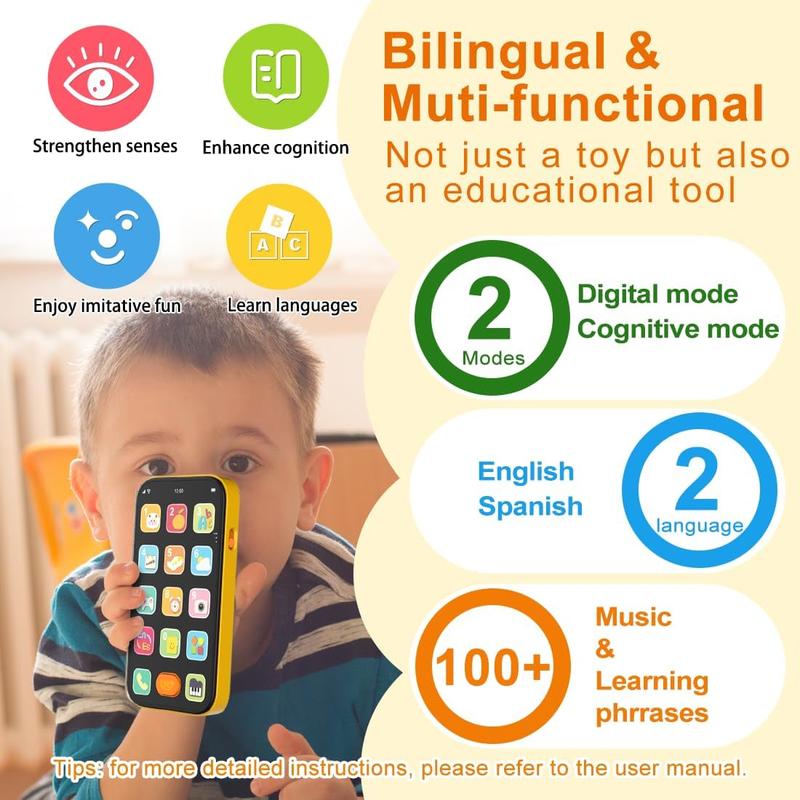 Bilingual Toy Phone Baby Phone with Sounds and Light, English Spanish, Fun Early Learning s Smart Phone Baby Toys for 6-12 Months, Gift for 1 Year Old Boys Girls Toddler Infant, Orange
