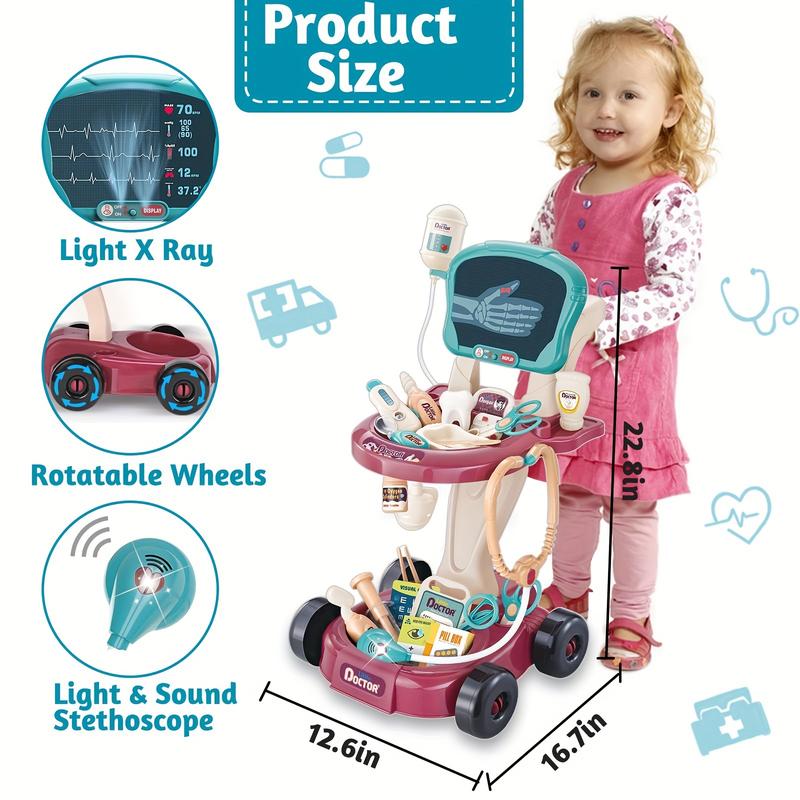 29 Pcs Doctor Kit for Kids 3-5, Toddler Pretend Play Toy Dentist Vet Medical Mobile Cart with Sound & Light Xray Stethoscope Dr Kit Playset Toys for Toddler Girls Gift 29pcs