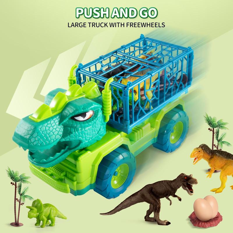 Dinosaur Truck Toys , Tyrannosaurus Transport Car Carrier Truck with 8 Dino Figures, Activity Play Mat, Dinosaur Eggs, Trees, Capture Jurassic Play Set for
